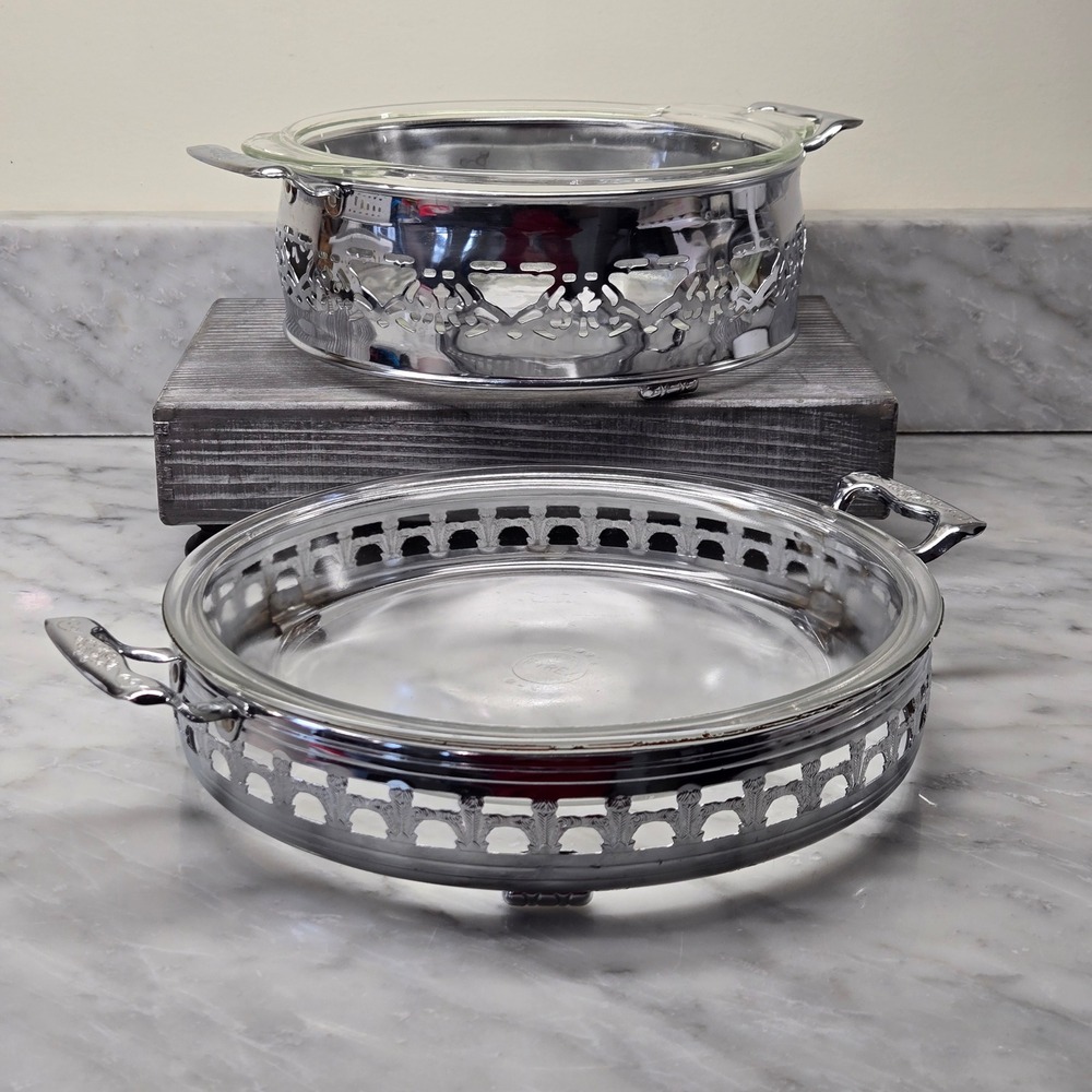 Vintage Fire-King and Pyrex Casserole Set with Silver Plated Filigree Carriers